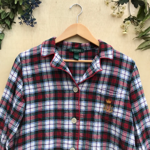 Ralph Lauren Plaid Monogram Button Down Sleep Top - Picture 2 of 8